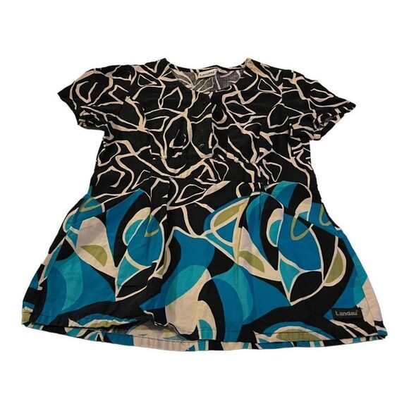 Geometric Teal Black Landau Women Scrub Top Button Top XS Scoop Neck Spring Blue - Picture 1 of 6
